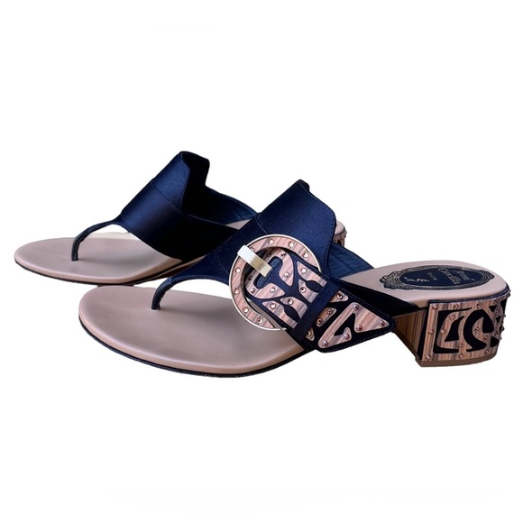 Rene Caovilla Satin Crystal & Wood Embellished Thong Sandal Heels Sz 37.5 Italy - Picture 1 of 16